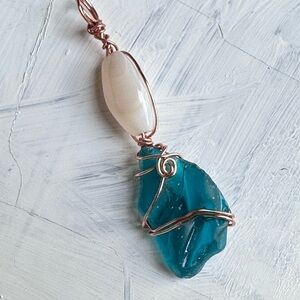 Beaded Sea Glass And Agate Pendant Wire Wrapped Brut Art To Wear Handmade 4174 B